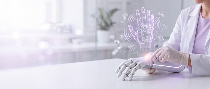 Medical professional adjusting a bionic robotic arm with a futuristic holographic user interface and health icons