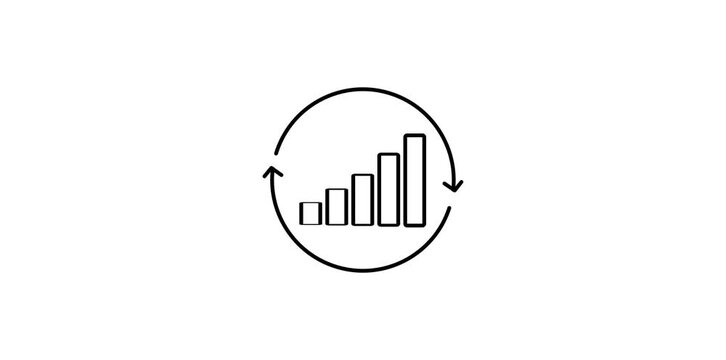 Animated continuous improvement line icon featuring a growth graph animation and rotating cycle flow lines. For process optimization and productivity. Isolated on a white background in 4K resolution