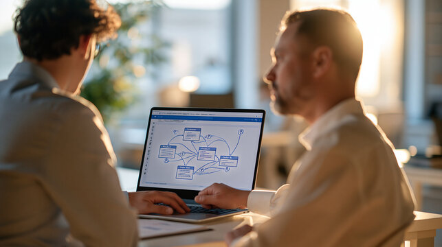 Entity relationship diagram and sql database design concept over the shoulder view of a professional at a laptop screen with customer order product and order item tables linked