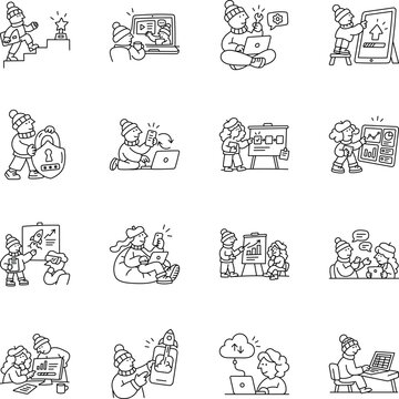 Hand-drawn icons depict career growth, virtual workshops, technical support, security, device syncing, business presentations, app launches, cloud transfers, data entry, social posting.