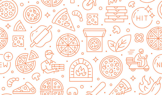 Seamless Pattern Vector Illustration With Outline Icons Related to Pizzeria Fast Food Delivery and Ingredients