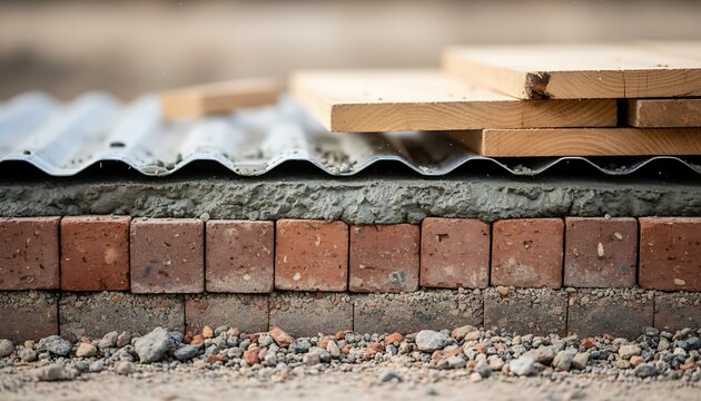 Crosssection view of a construction site showing layers of gravel, bricks, mortar, corrugated metal roofing, and wooden planks for building foundation or flooring