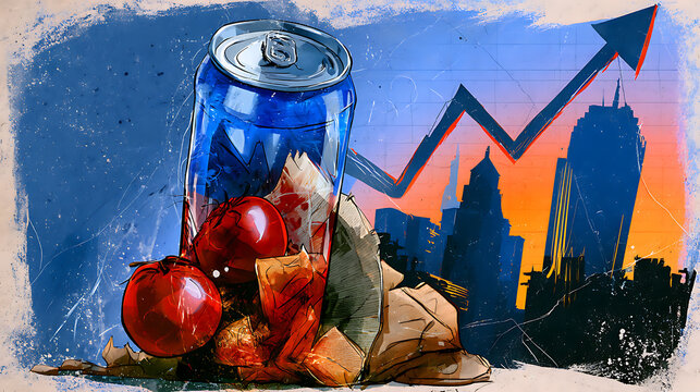 Conceptual illustration of rising food prices and inflation, featuring groceries, a canned drink, and an upward financial arrow against a city skyline, symbolizing increasing living costs.