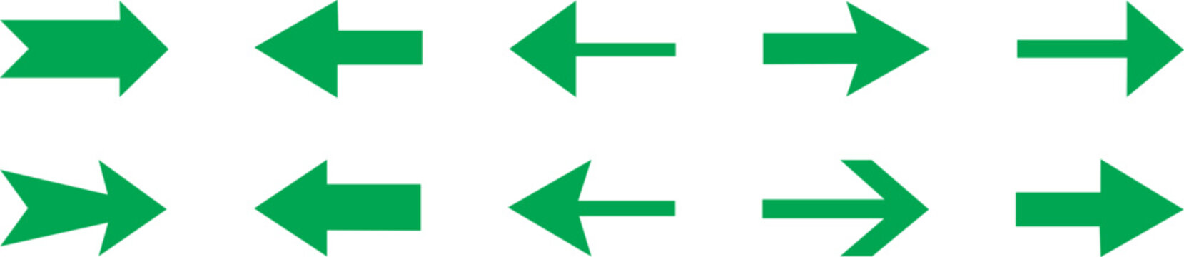 A collection of ten green arrows pointing in different directions, including left and right, arranged in two horizontal rows on a white background