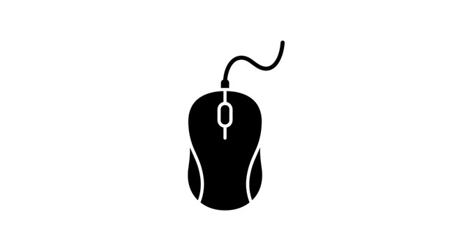 Wired computer mouse silhouette vector illustration with scroll wheel buttons and cable in solid black style for tech and office design