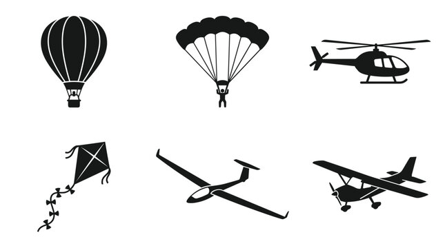 Hot air balloon parachute helicopter kite glider and propeller plane silhouettes vector set in solid black style for aviation and air sports design