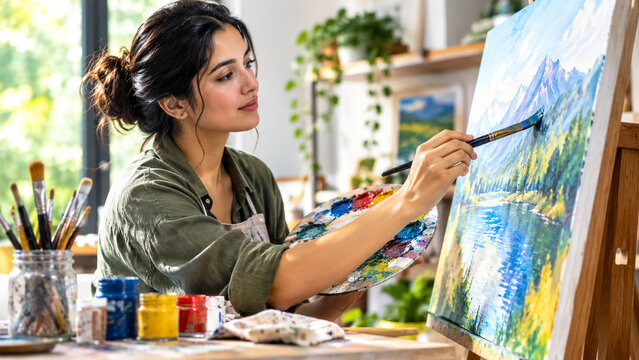 Young female artist painting a vibrant landscape on canvas in her bright studio workshop.