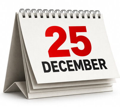 Minimalist desk calendar showing December twenty fifth date with red numbers on white paper.
