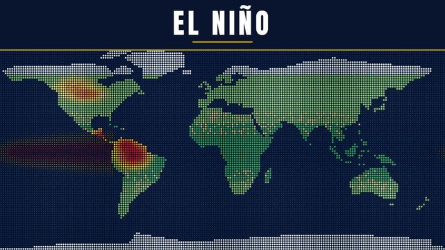 El nino climate phenomenon spread on dotted world map with heat zones and warm ocean temperature. 4k video