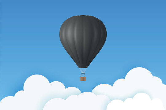Vector Travel Banner with 3d Realistic Black Hot Air Balloon Icon on a Blue Sky Background. Design Template, Summer Vacation, Travelling, Tourism and Journey Concept