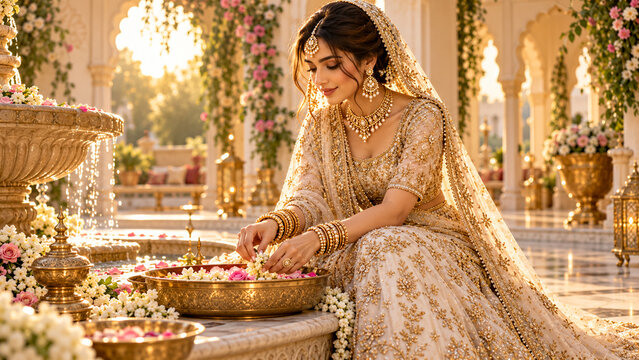 Beautiful Indian bride in traditional golden attire sitting near a marble fountain with flowers.