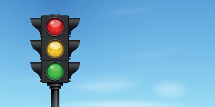 Traffic Light, Vector Illustration. Red Yellow and Green Signal Lights on Blue Background. Road Safety and Transportation Control Symbol. Urban Street Regulation