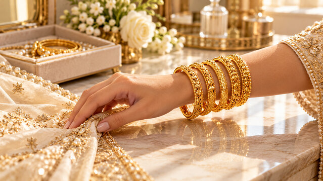 Elegant gold bangles worn on a woman wrist with traditional embroidered dress.