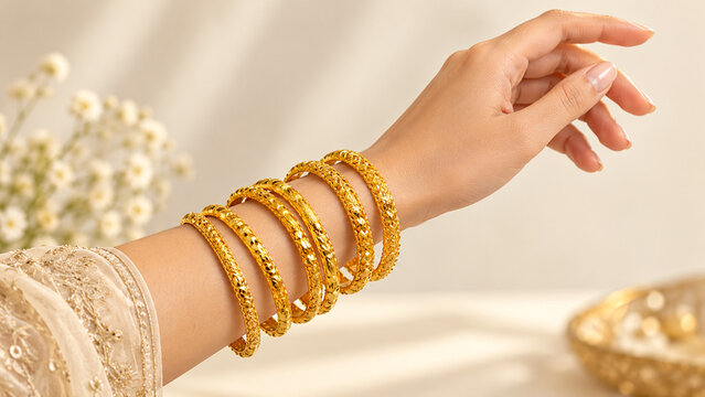 Elegant gold bangles worn on a woman wrist with traditional attire.