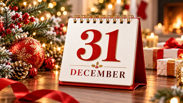 New year eve desk calendar showing thirty first december with festive holiday decorations.