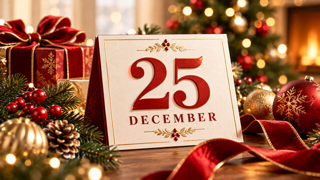 Festive desk calendar card showing twenty fifth december with christmas tree and presents.