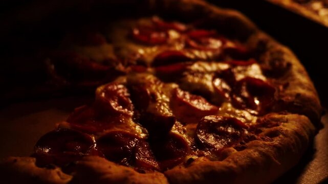 Golden Lighting on Pepperoni Pizza in Delivery Box.