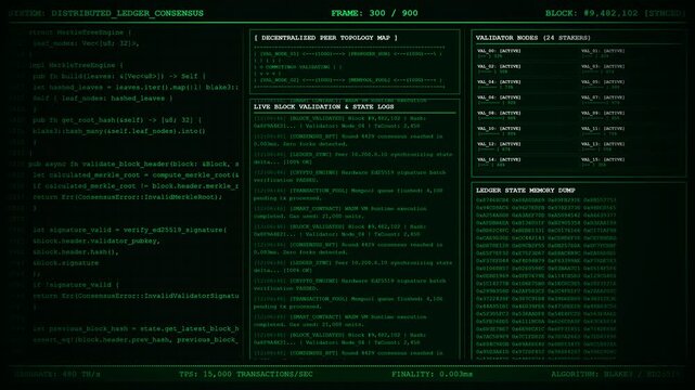 Distributed Ledger Consensus Dashboard With Validator Nodes and Live Block Validation Logs.