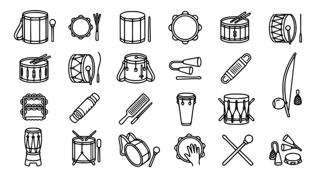 Brazilian Samba Drum and Percussion Instrument Outline Icon Set, Carnival Music Symbols Black Line Vector Collection