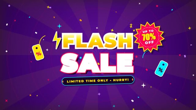 Flash sale promo animation with sunburst background and confetti