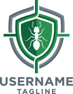 Modern green shield vector logo design featuring a stylized white ant insect symbol for cybersecurity or pest control business branding identity concepts with typography