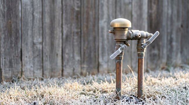 Uncovered brass irrigation backflow valve with two copper riser pipes and angled metal handles stands above frost-covered dormant grass beside a weathered wooden fence.