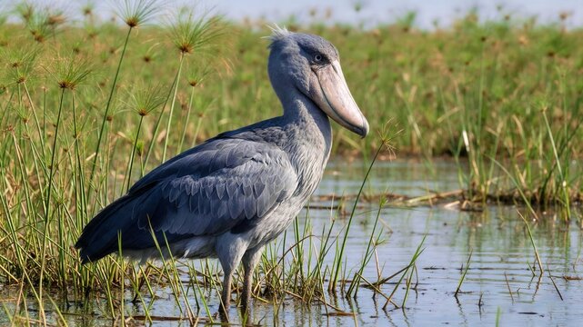 Grey shoebill stork standing in a shallow wetland among grasses for wildlife editorial and nature advertising.