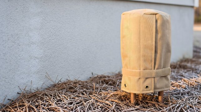 Beige protective pouch with a fastening band and lower metal eyelets covers an outdoor irrigation backflow preventer beside a house wall during frosty weather.