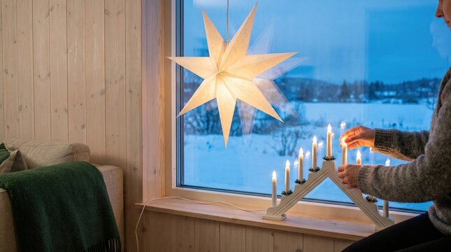 Person turning on Swedish Advent candelabra beside glowing star