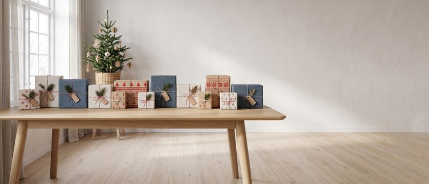 gifts and small tree in Scandinavian minimalist interior