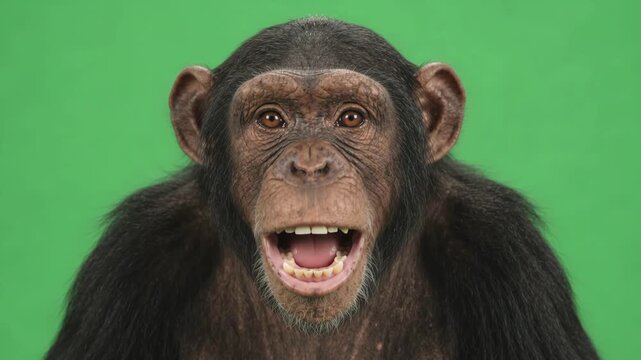 A smart chimpanzee looks attentively into the camera and expressively opens its mouth on a green chroma key background. The wild exotic monkey is in a studio setting.