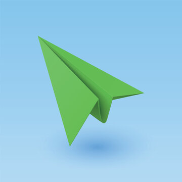 Green Paper Airplane Vector Illustration. 3d Paper Plane Icon. Origami Paper Airplane Illustration on Blue Background for Send Message, Email, Delivery, Startup, Communication and App Design