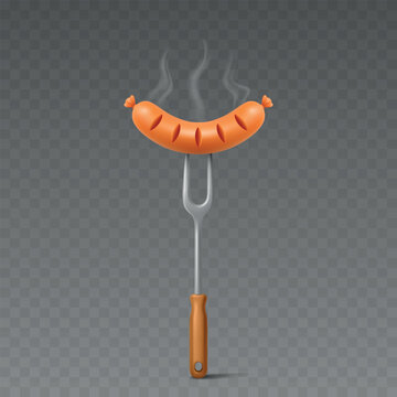 Sausage, 3d Vector Illustration. Grilled Sausage on Barbecue Fork. Realistic Sausage Food Illustration Isolated. BBQ Menu, Cookout, Grill Party, Picnic, Kitchen Design, Fast Food