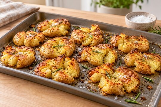 Golden smashed potatoes with rosemary on a roasting tray