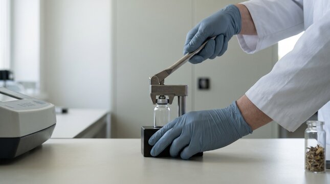 Side view of precision vial crimping for air testing