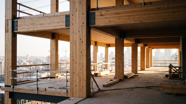 Mass timber frame rises around an upper floor core