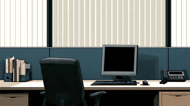 Illustration of an empty office workstation with a switched off computer, vacant chair and desk, symbolizing job loss, unemployment, layoffs, workforce reduction and automation replacing human workers