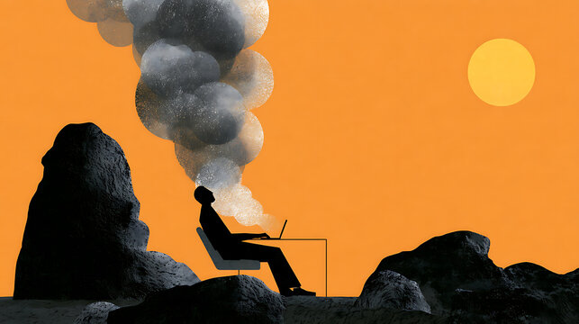 Conceptual illustration of a burned out office worker sitting at a desk with dark smoke rising from his head, symbolizing quiet quitting, chronic stress and workplace exhaustion.