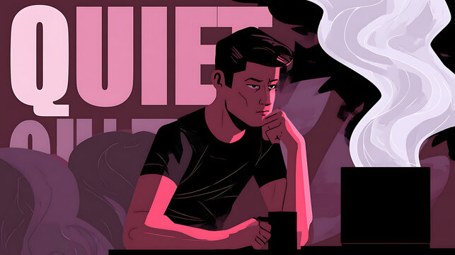 Conceptual illustration of a frustrated young man sitting with a laptop and coffee, representing quiet quitting, workplace disengagement, employee burnout, lack of motivation and job dissatisfaction.