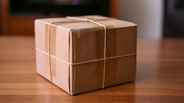 A neatly wrapped brown cardboard box tied with twine sits centered on a wooden surface  softly lit with shallow depth of field