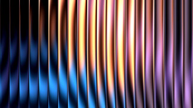 Abstract fractal metallic vertical ribbed panels with glossy curved reflections in glowing blue, copper, orange and purple gradient light