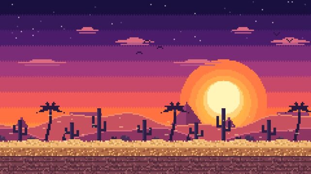 Pixel desert sunset landscape with cactus, palm silhouettes, big orange sun and purple starry sky in parallax side scrolling animation. 4k video