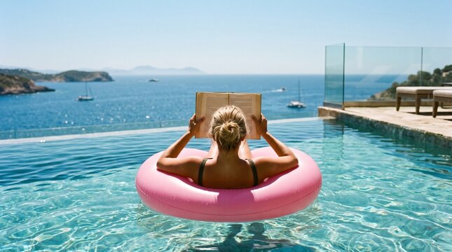 Woman Reading Book on Pink Pool Inflatable in Infinity Pool