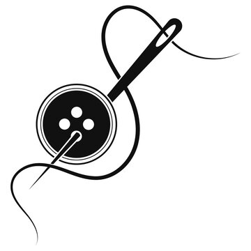 Black button with sewing needle and thread illustration