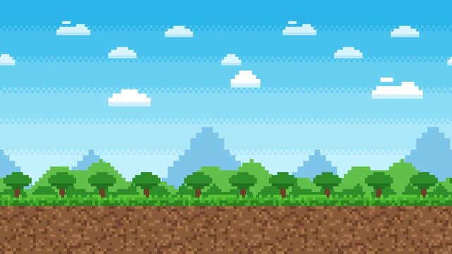 Pixel landscape with green trees, blue mountains and white clouds over ground soil in parallax side scrolling animation. 4k video