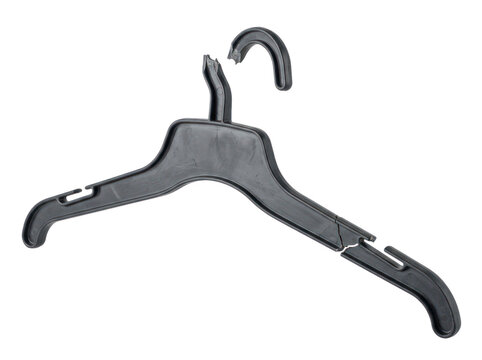 Broken black plastic coat hanger with snap hook isolated on transparent background