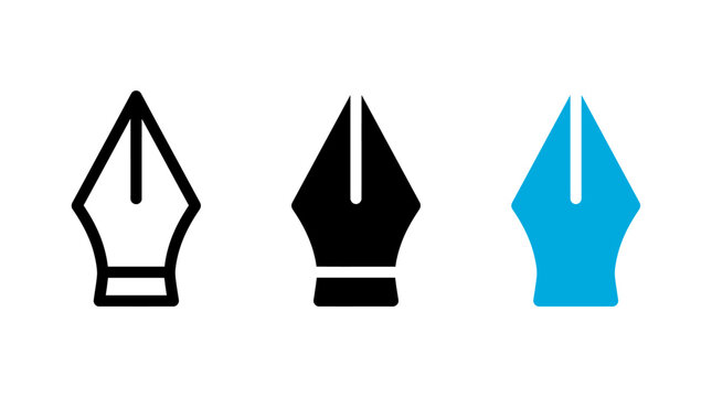 Fountain pen nib drawing tool icon set in three styles with illustration