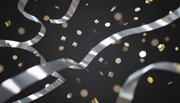 Silver ribbon streamers and gold foil confetti falling on a dark charcoal background