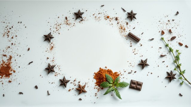 Cocoa powder, star anise, mint leaves, chocolate pieces create oval frame. White background, dark edges. Festive, delicious composition.