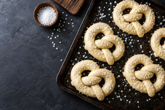 Raw soft pretzel dough twists with coarse salt on baking tray